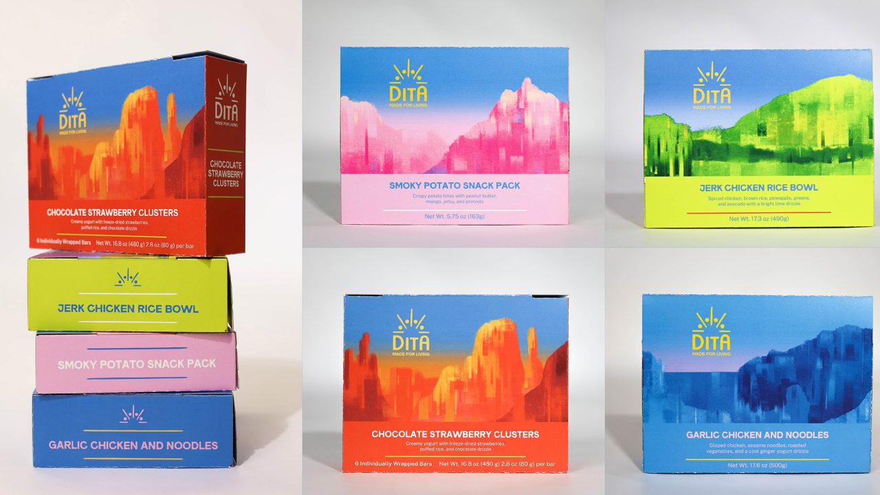 Six colorful packaged food boxes are arranged in stacks and rows, featuring flavors like chocolate strawberry, jerk chicken, smoky potato, and garlic chicken and noodles.