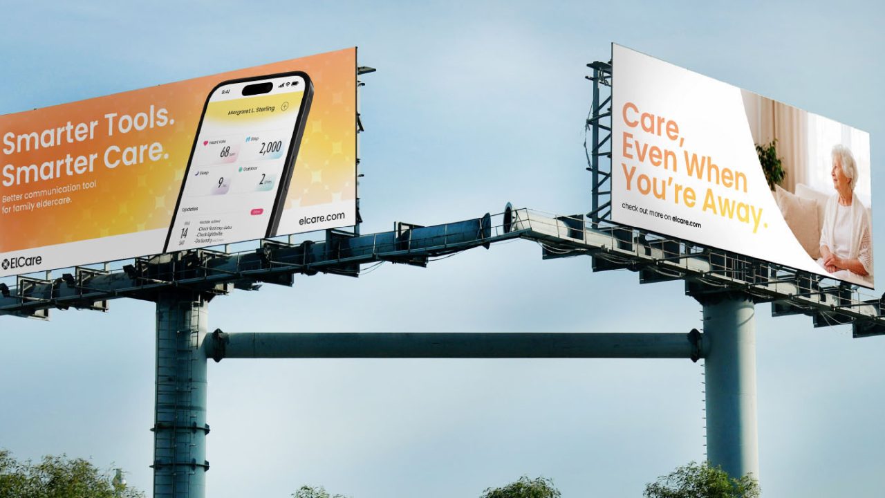 Two adjacent billboards advertise a healthcare app. One shows a mobile phone interface, the other shows an older woman with text about care when youre away.