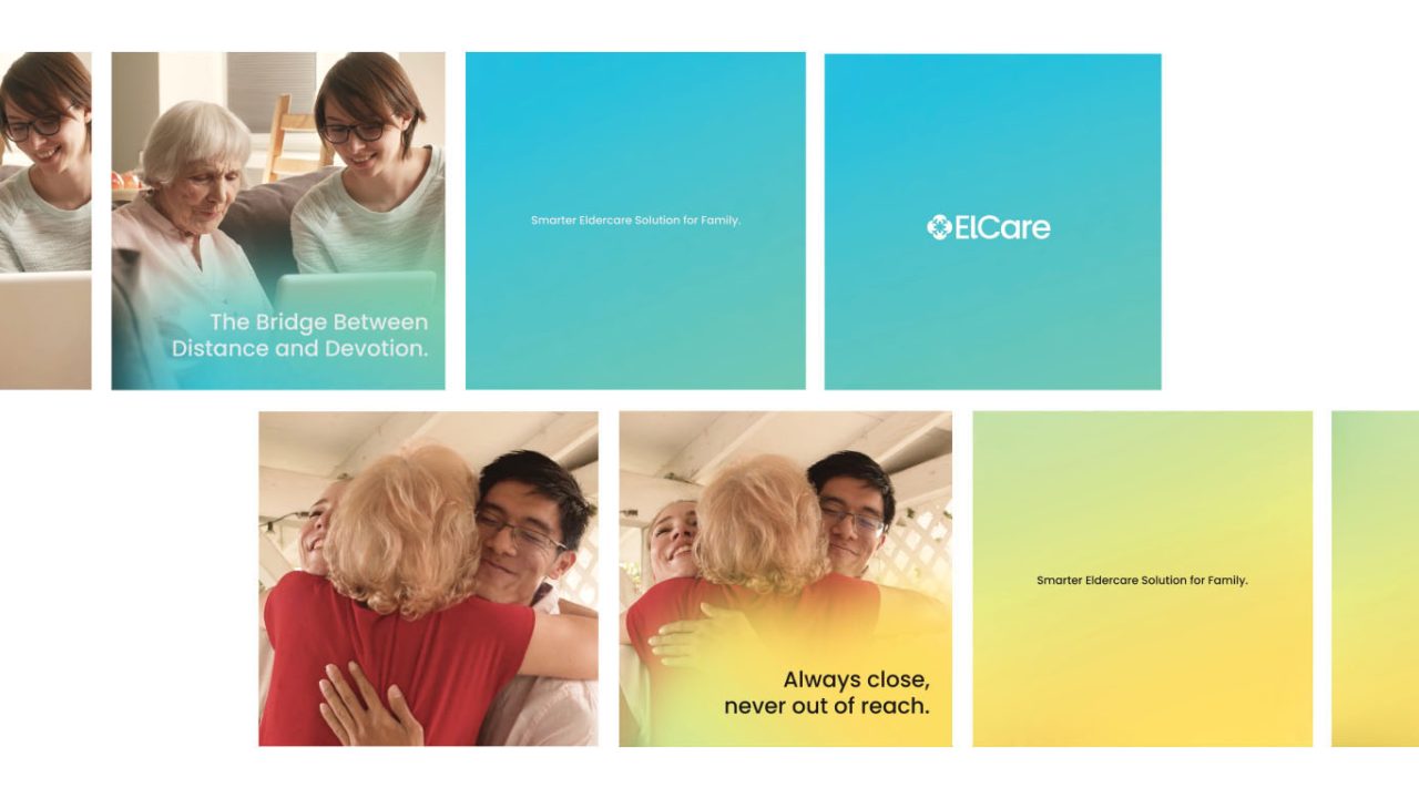 A series of images showing elderly people with family, a young man hugging an older woman, and gradient backgrounds with text promoting ElCares solution for staying close to family.