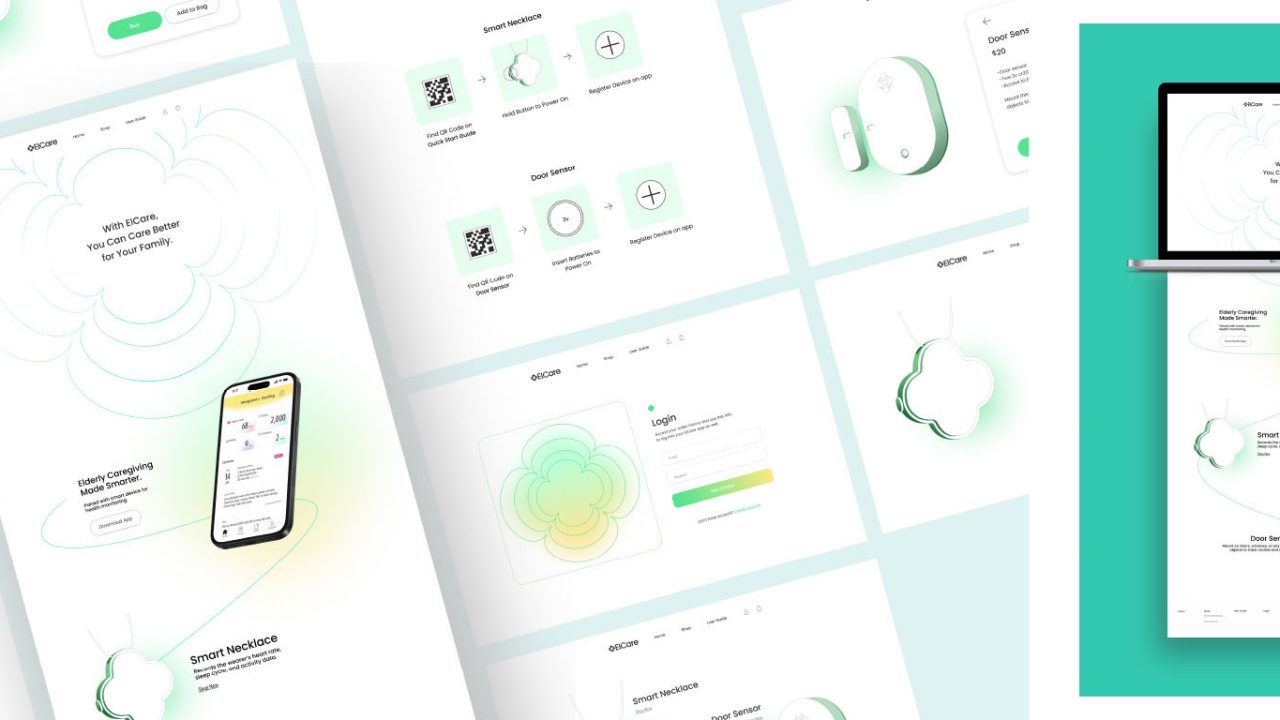 A collection of digital interface screens in a light color scheme, displayed on a phone, laptop, and as standalone layouts, showcasing a modern web or app design.