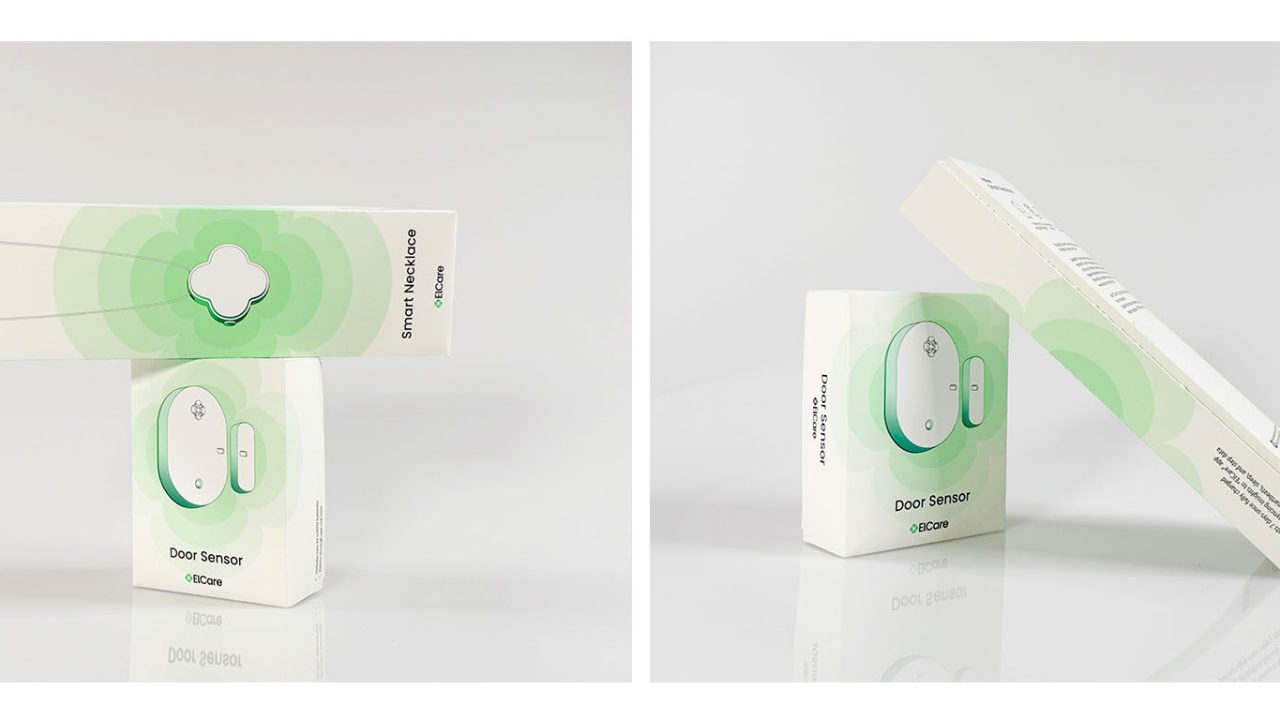 Two views of smart home sensor packaging: the front shows Door Sensor and a circular device image; the side view shows the box and a longer, narrower companion package.