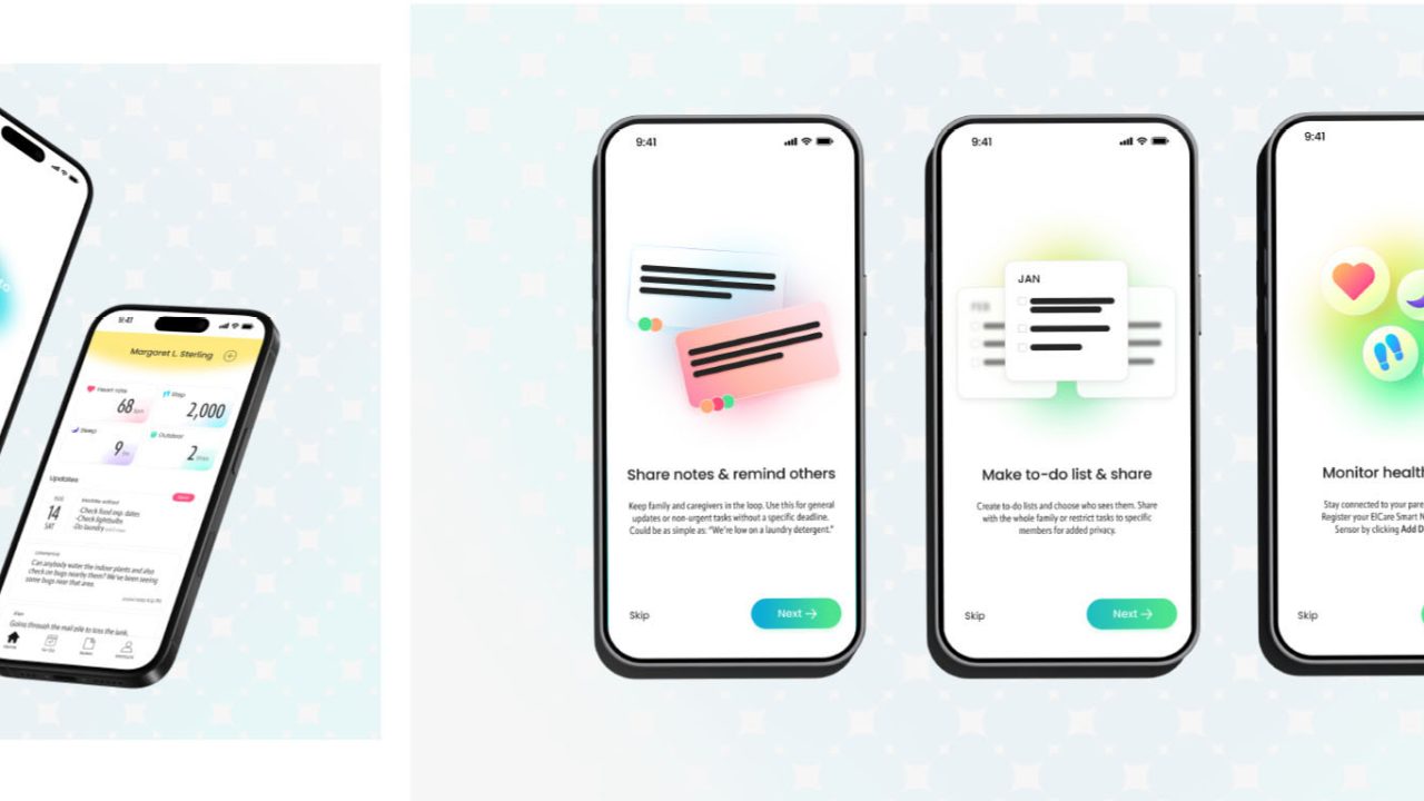 Two smartphones display a health and task management app with screens showing points, to-do lists, shared notes, and health status monitoring features.