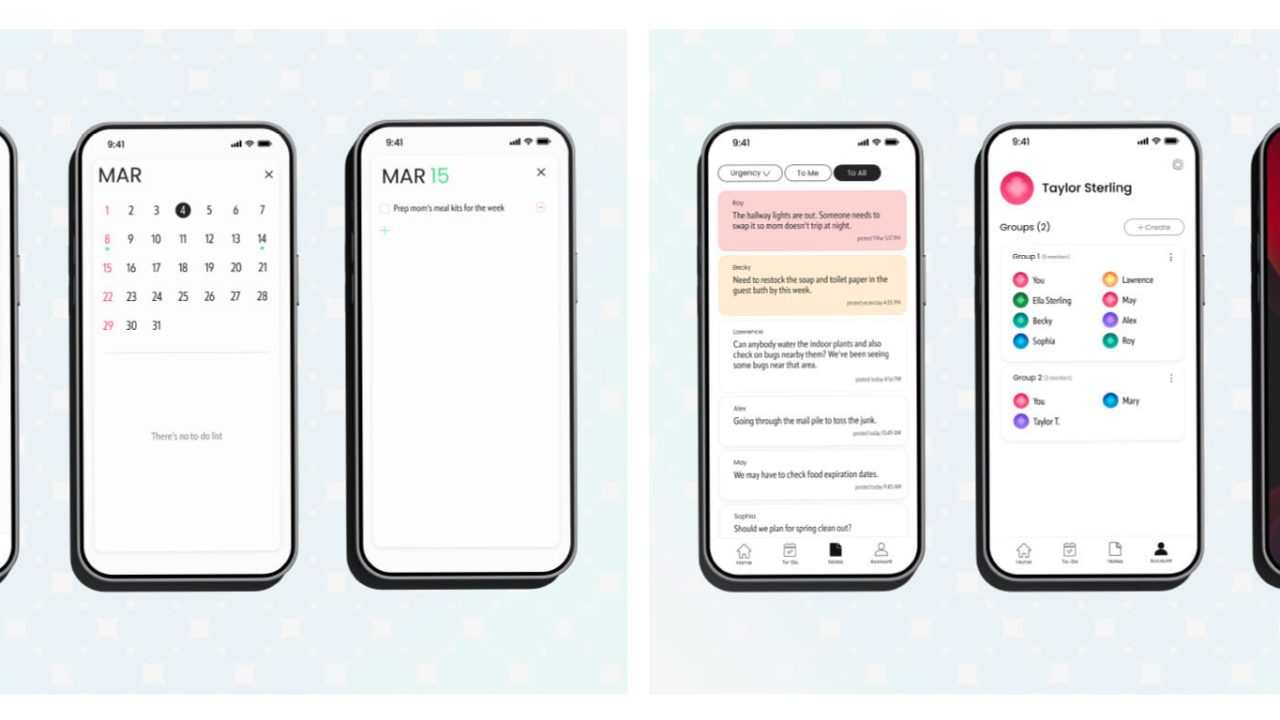 Five smartphone screens display calendar, task, and productivity app interfaces featuring schedules, to-do lists, color-coded tasks, and a home screen with app icons.