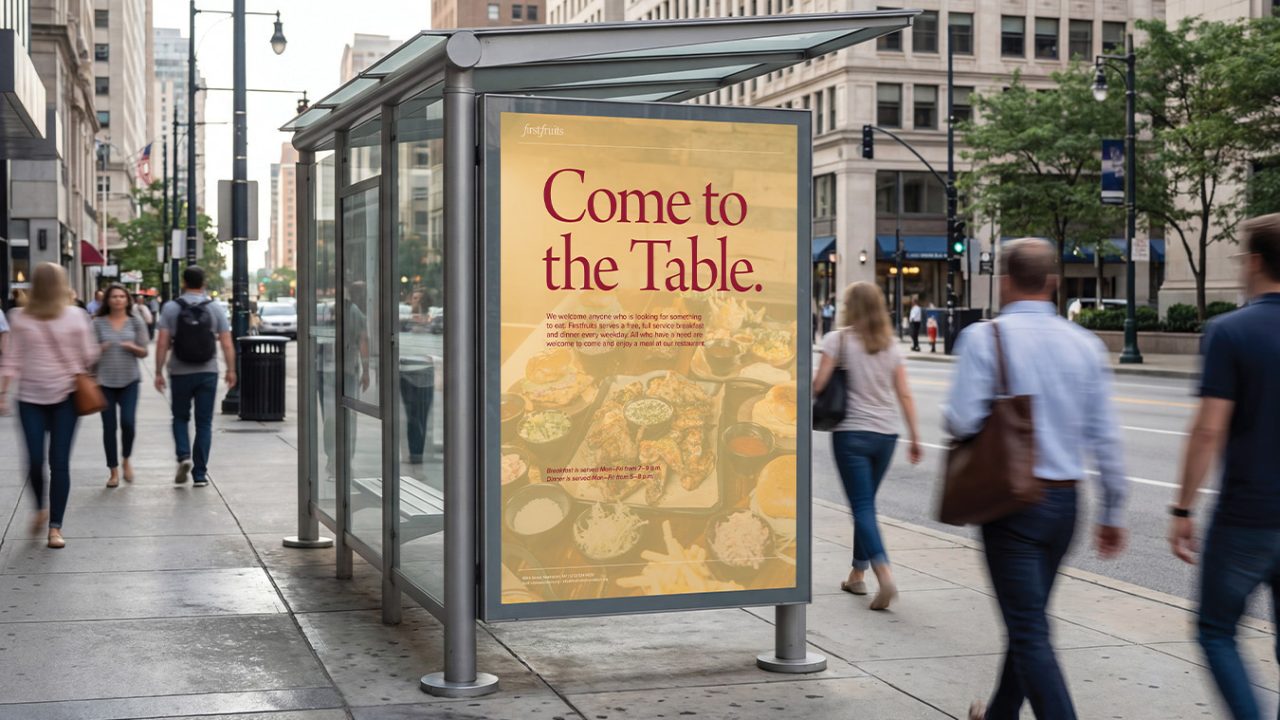 A bus stop shelter displays a large poster reading “Come to the Table.” Pedestrians walk by on a city sidewalk with buildings and trees in the background.