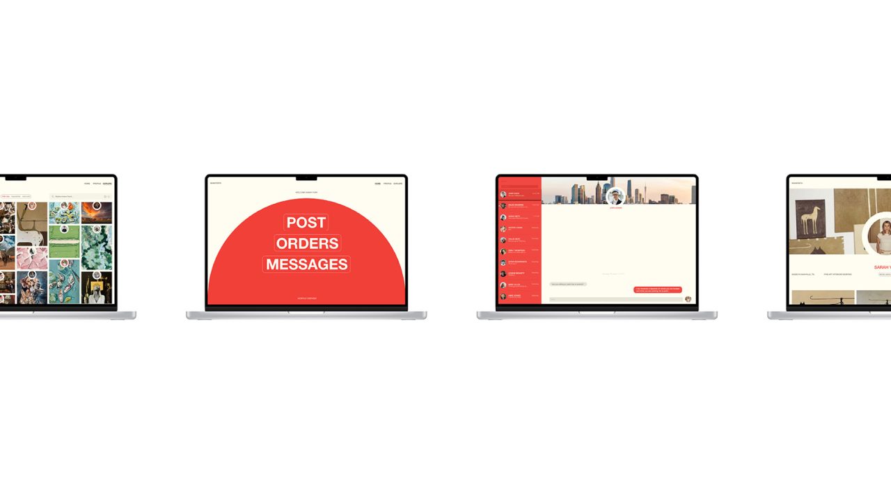 Four laptops display different website interfaces, each featuring various layouts, images, and navigation menus on their screens against a white background.
