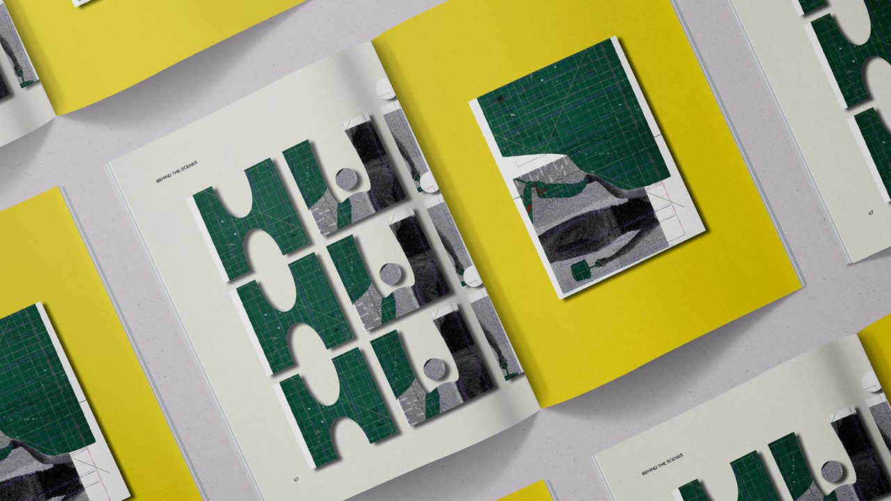 Open magazines arranged in a grid, each displaying graphic designs featuring geometric shapes in green, gray, and white on yellow and white backgrounds.