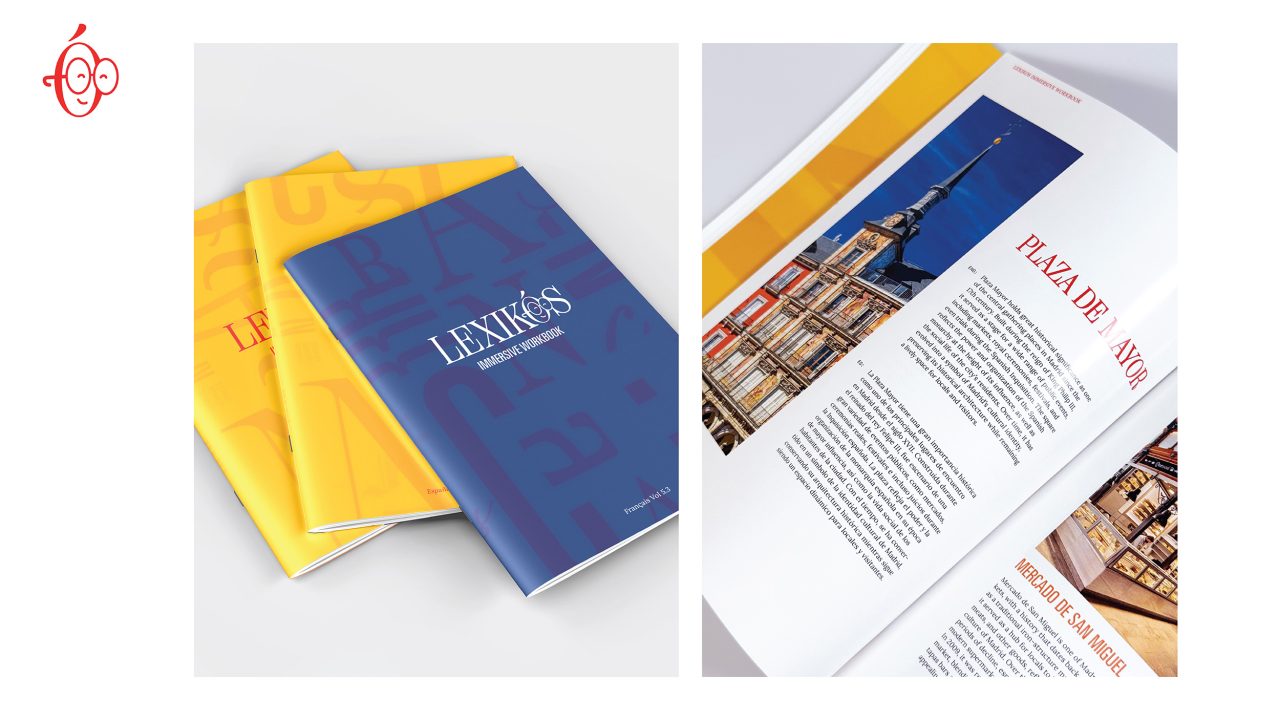 Two colorful brochures, one yellow and one blue, are stacked on the left, while on the right, an open brochure displays a page about Plaza de Mayor with an image and text.