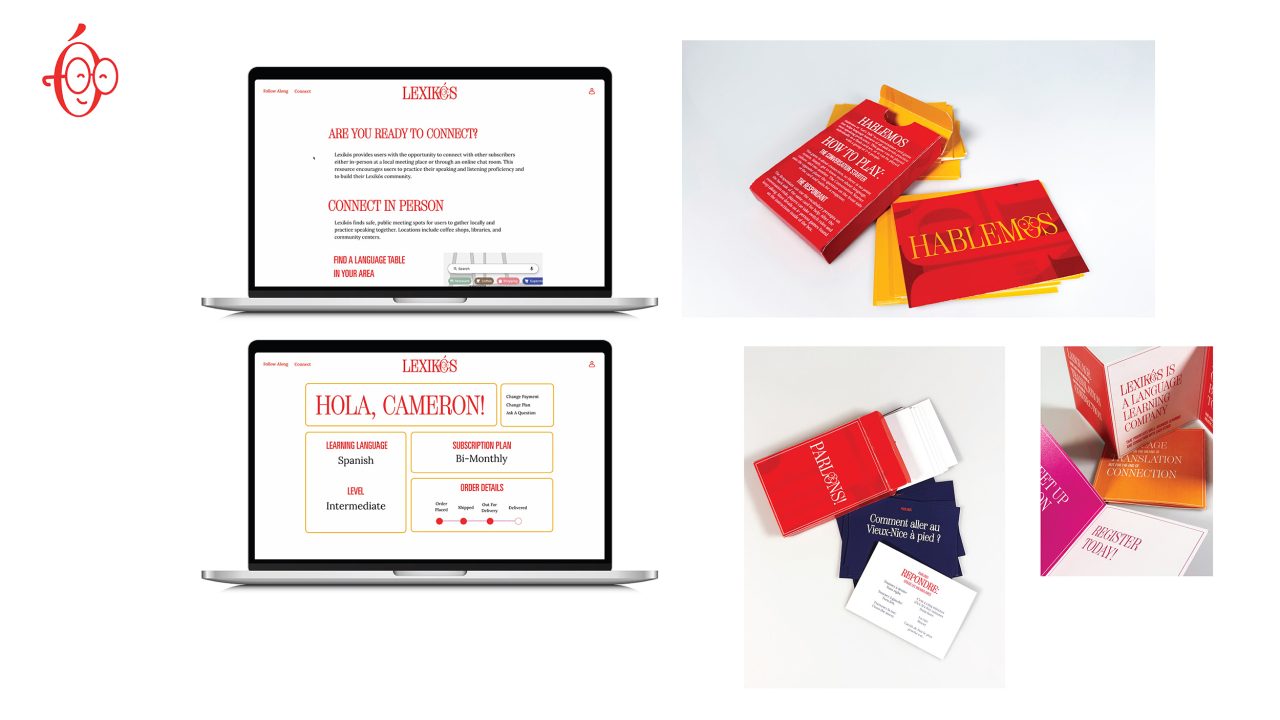 A branding presentation shows two laptops displaying a language learning website and several colorful language flashcard packs and business cards arranged on a white background.