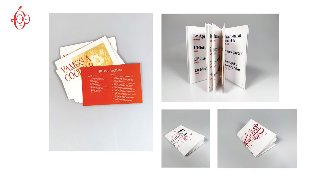 Four images display printed booklets and cards with red and black text on white and orange backgrounds, featuring various layouts and open pages.
