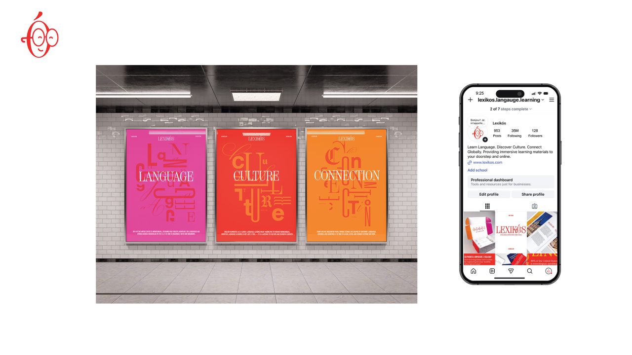 Three posters in a subway station read Language, Culture, and Connection. On the right, a smartphone displays the Lexilab Instagram page.
