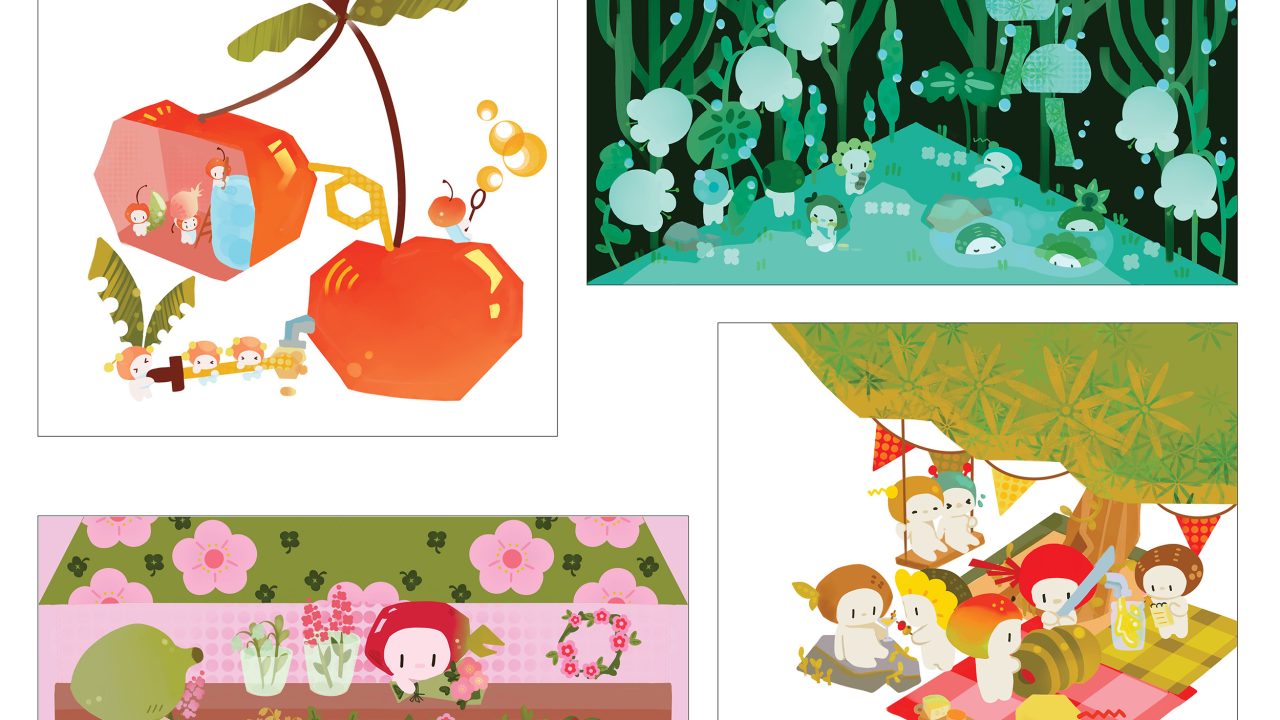 Four colorful cartoon scenes: people near giant fruit, characters in a green mushroom forest, figures at a picnic under a tree, and characters tending plants in a garden shop.