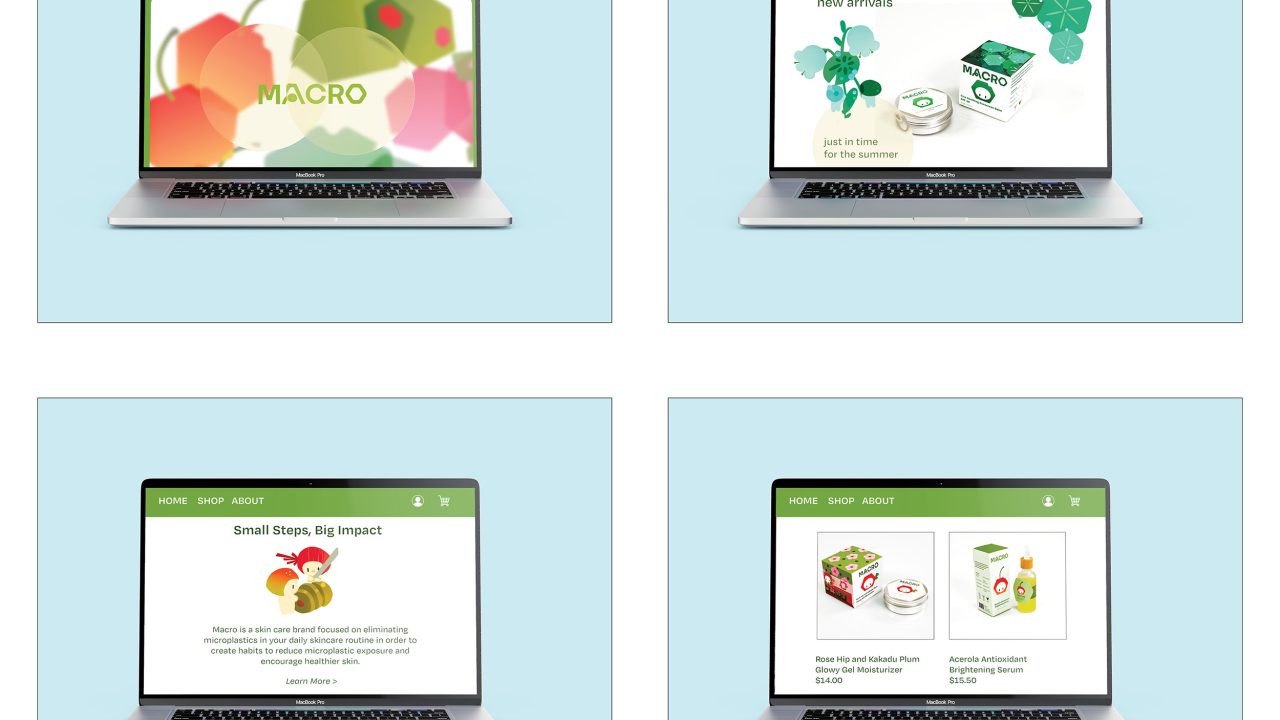 Four laptops display different webpages for a brand called Macro, showing the homepage, new arrivals, sustainability initiatives, and product selection on light blue backgrounds.