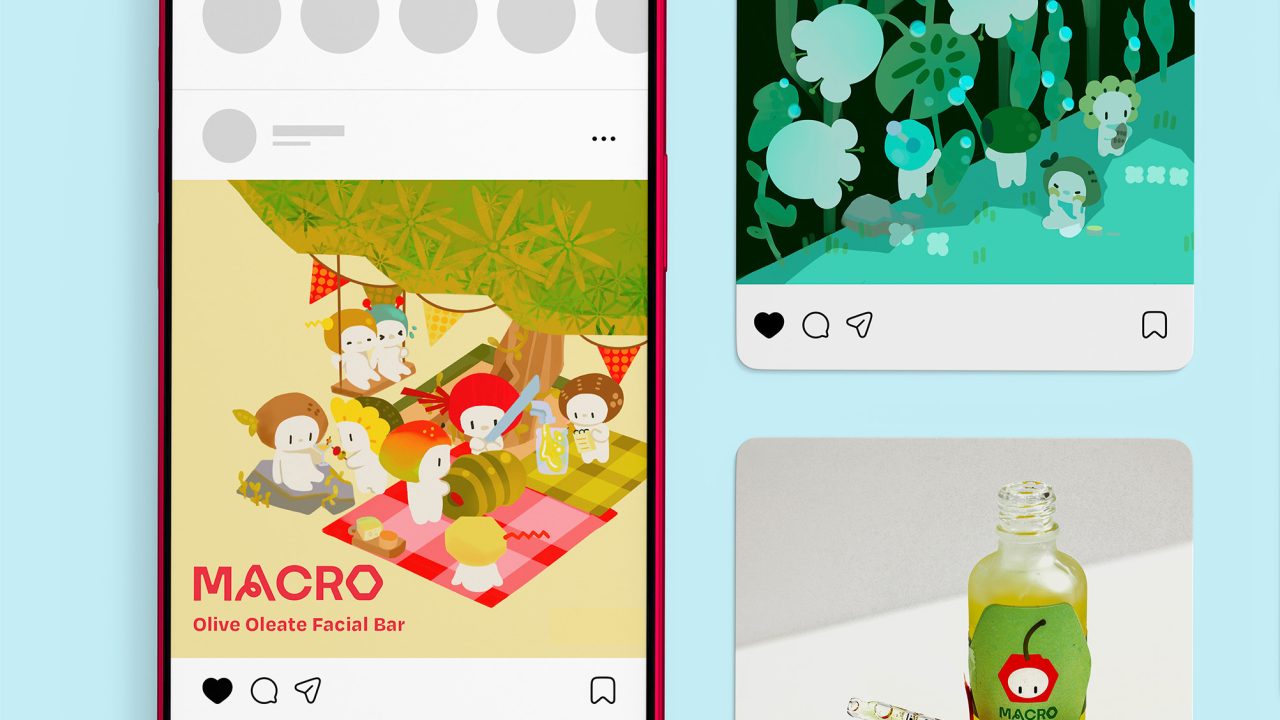 A smartphone displays an Instagram post featuring cartoon characters at a picnic. Beside it are images of cartoon characters in a forest and a facial serum bottle with cherries.