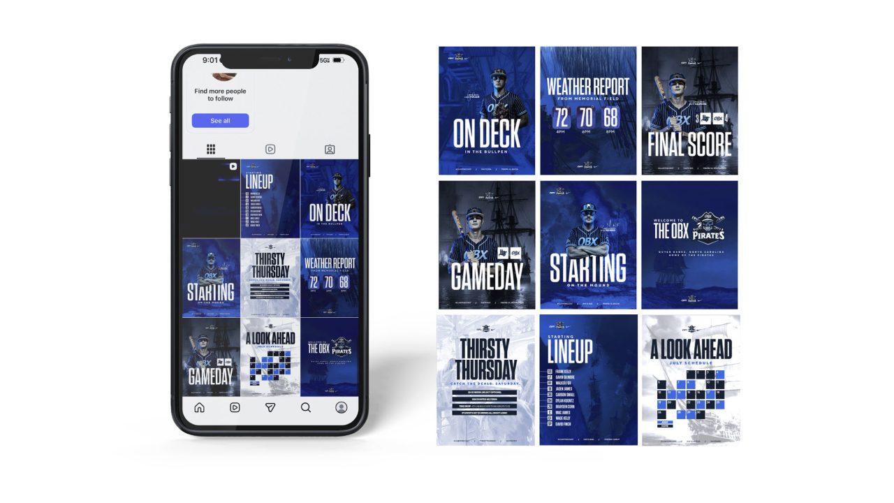 A smartphone displays an Instagram profile with baseball-themed posts; next to it are close-ups of nine blue graphics with lineups, scores, and game updates for the OBX Pirates.