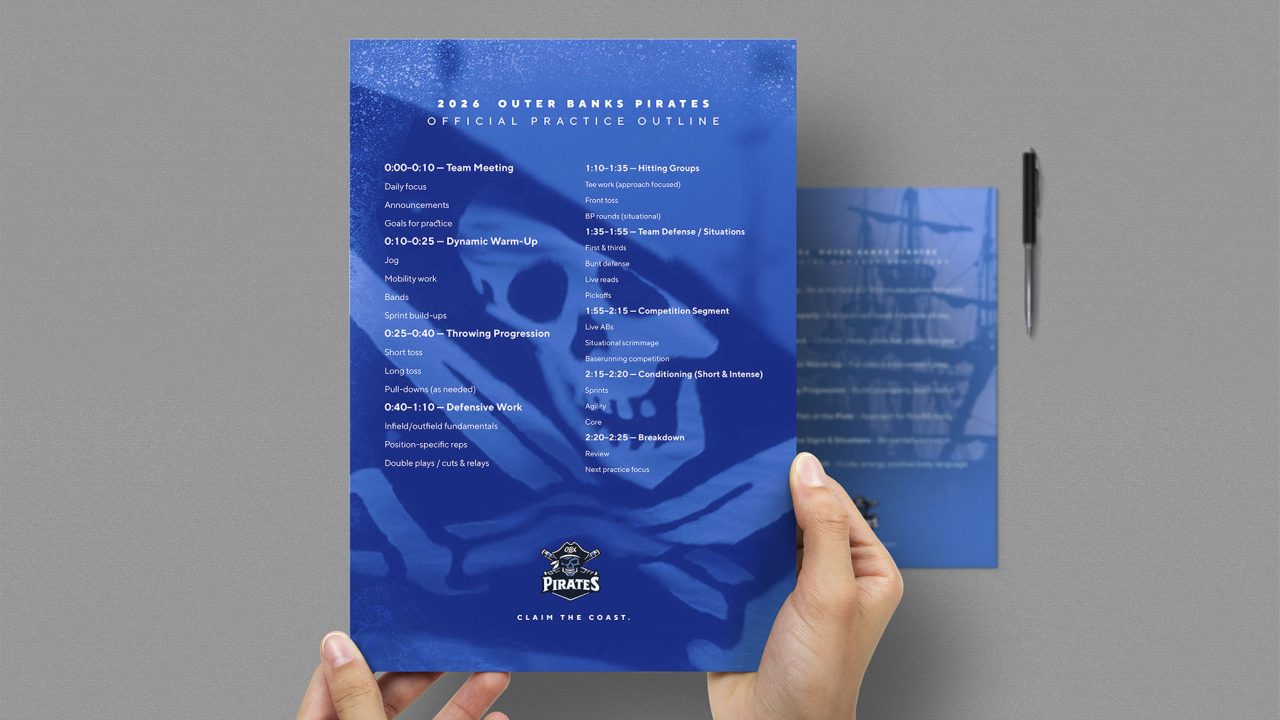 A person holds a blue practice outline for the Outer Banks Pirates with a skull graphic, team logo, and a detailed schedule. Another sheet and a pen are on the gray surface below.