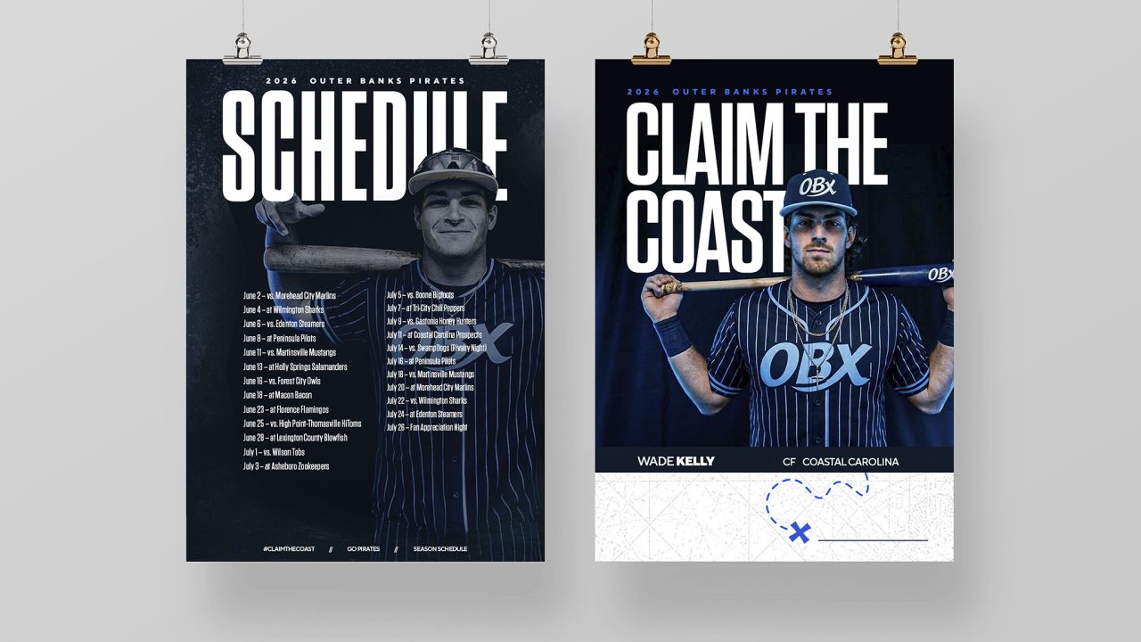 Two posters for the 2024 Outer Banks Pirates baseball team featuring player Wade Kelly; one shows the season schedule and the other has the slogan Claim the Coast.