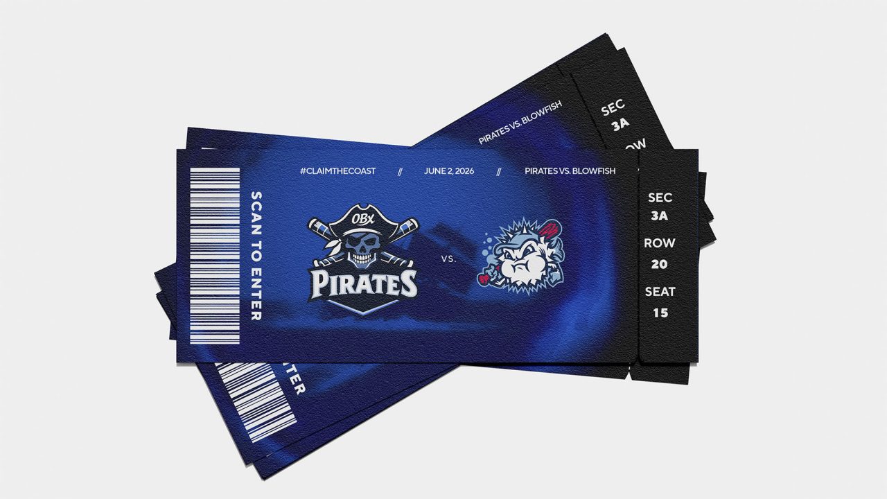 A stack of event tickets for a Pirates vs. Blowfish game on June 22, 2023. The ticket shows section 3A, row 20, seat 15, with logos of both teams and a barcode for entry.