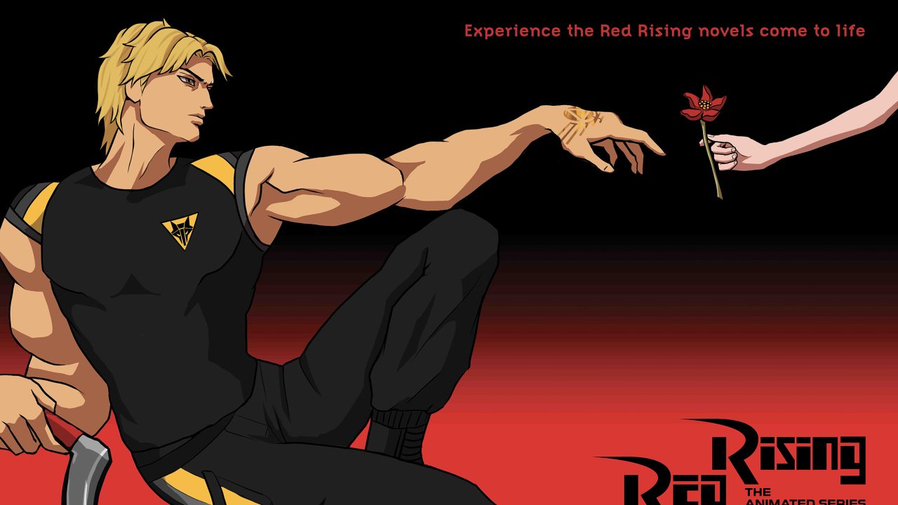 Anime-style character with a sickle reaches toward a hand offering a red flower, with text promoting Red Rising: The Animated Series and the tagline Hear the Reaper Swing.