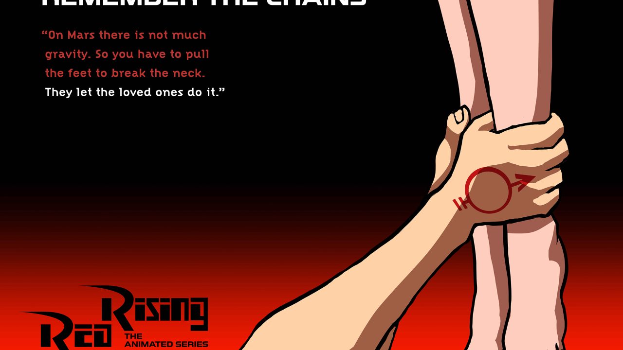 Illustration of a hand gripping a pair of dangling legs with a Mars symbol tattoo, accompanied by a quote about gravity and loss from the Red Rising animated series.