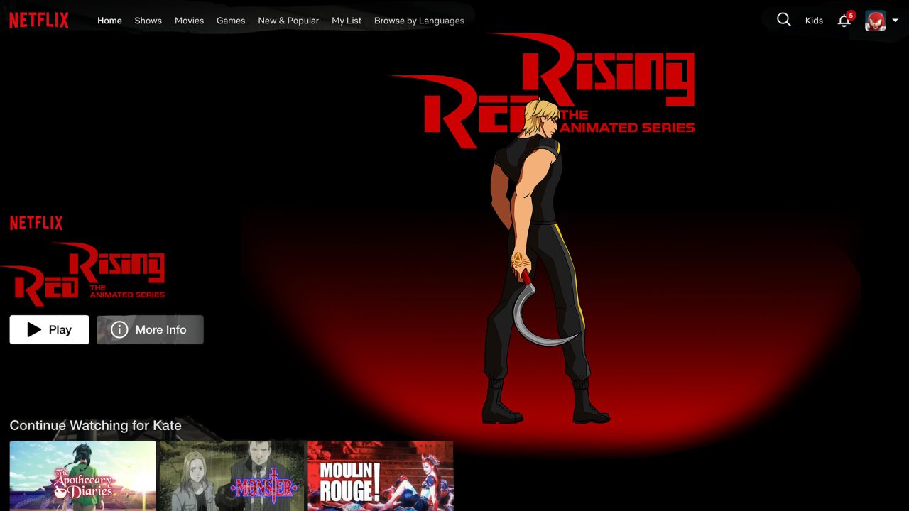 Netflix home screen featuring the animated series Red Rising; a muscular character holding a curved blade stands on a red-black gradient background with the shows logo behind him.