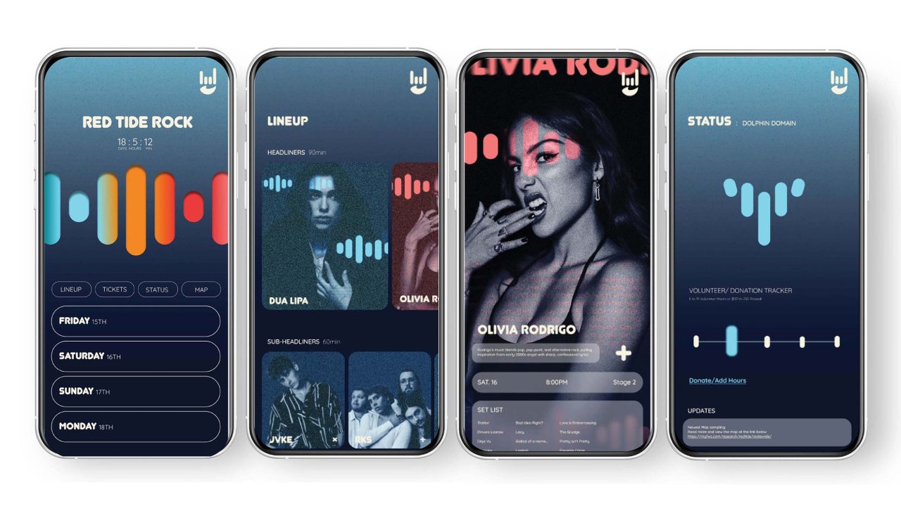 Four smartphones display a music festival app with sections for schedule, artist lineup, artist profile, and user status, all featuring modern graphics and artist images on blue backgrounds.