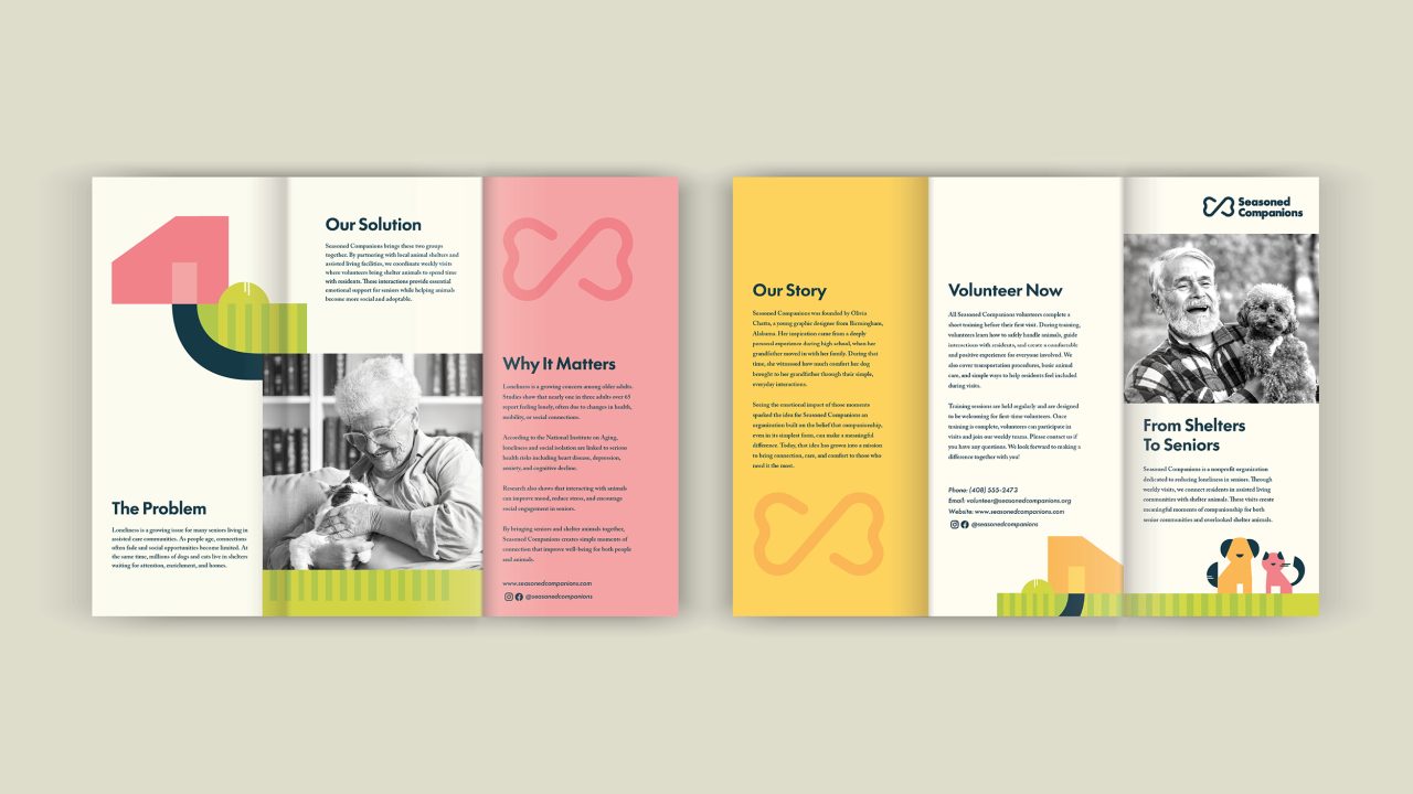 A two-page brochure with text and images promoting a program that connects shelter animals with seniors, including problem, solution, volunteer info, and photos of seniors with pets.