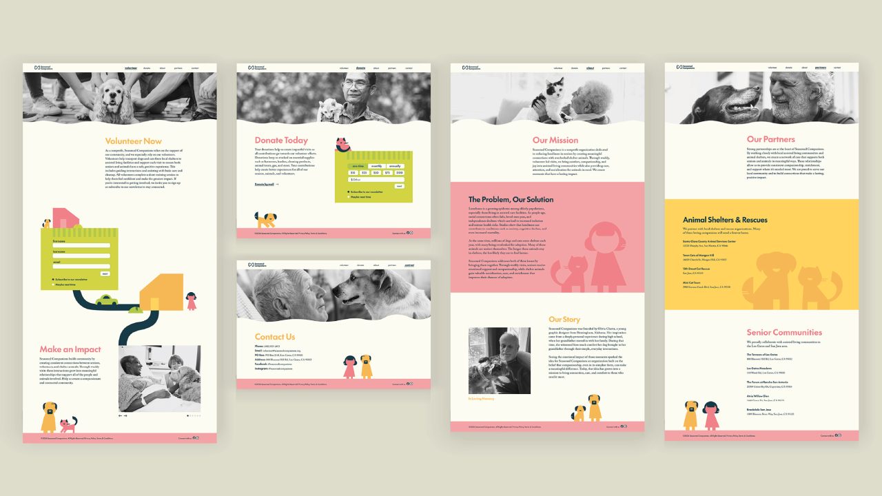A website design mockup features four pages with animal rescue themes, playful graphics, text sections, and black-and-white animal photos on a beige background.