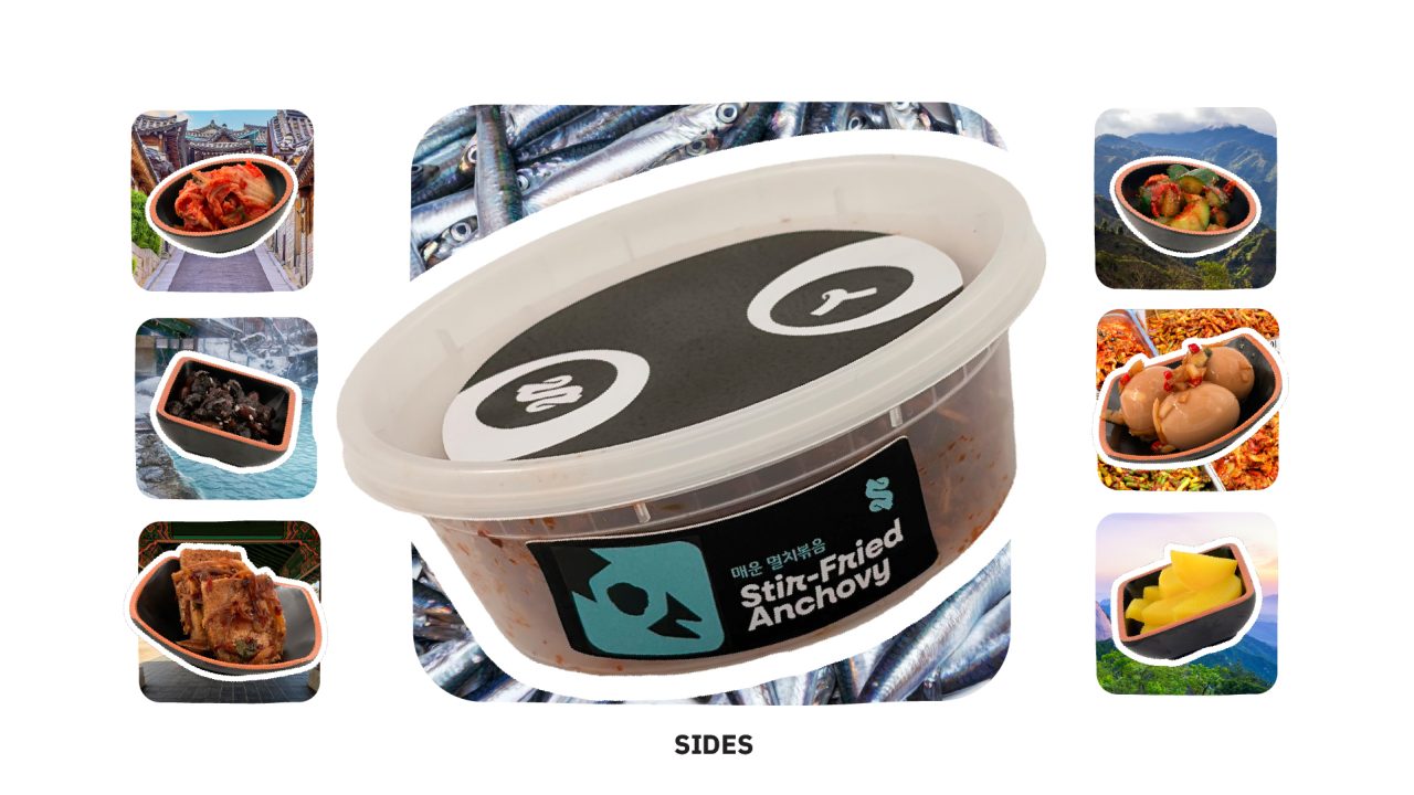 A plastic container labeled Stir-Fried Anchovy is centered, surrounded by six different side dishes in bowls on a white background.