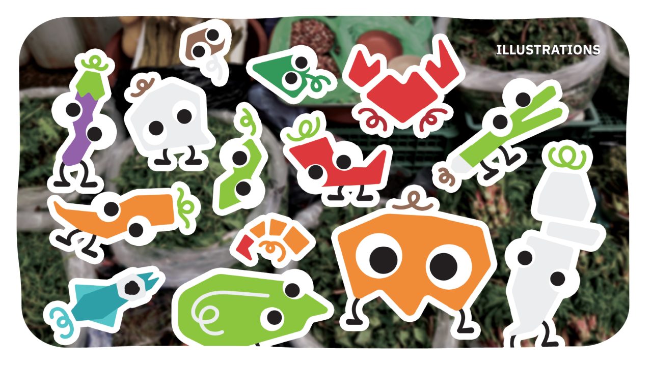 Cartoon vegetable and animal characters with large eyes and legs are overlaid on a blurred background of fresh produce at a market. The word ILLUSTRATIONS appears in the top right corner.