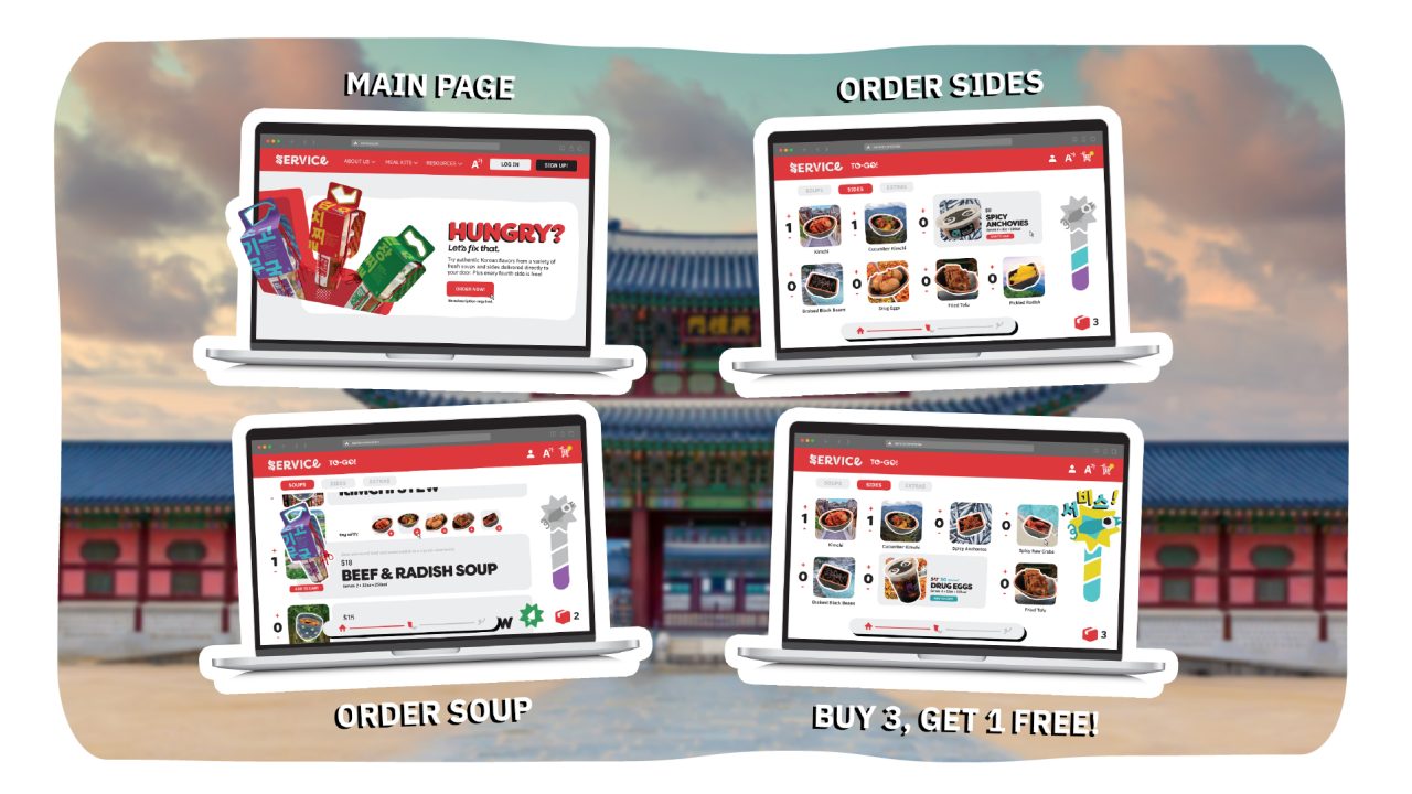 Four laptops display different screens of a food delivery website: main page, order sides, order soup, and a buy 3, get 1 free promotion, set against a blurred outdoor background.