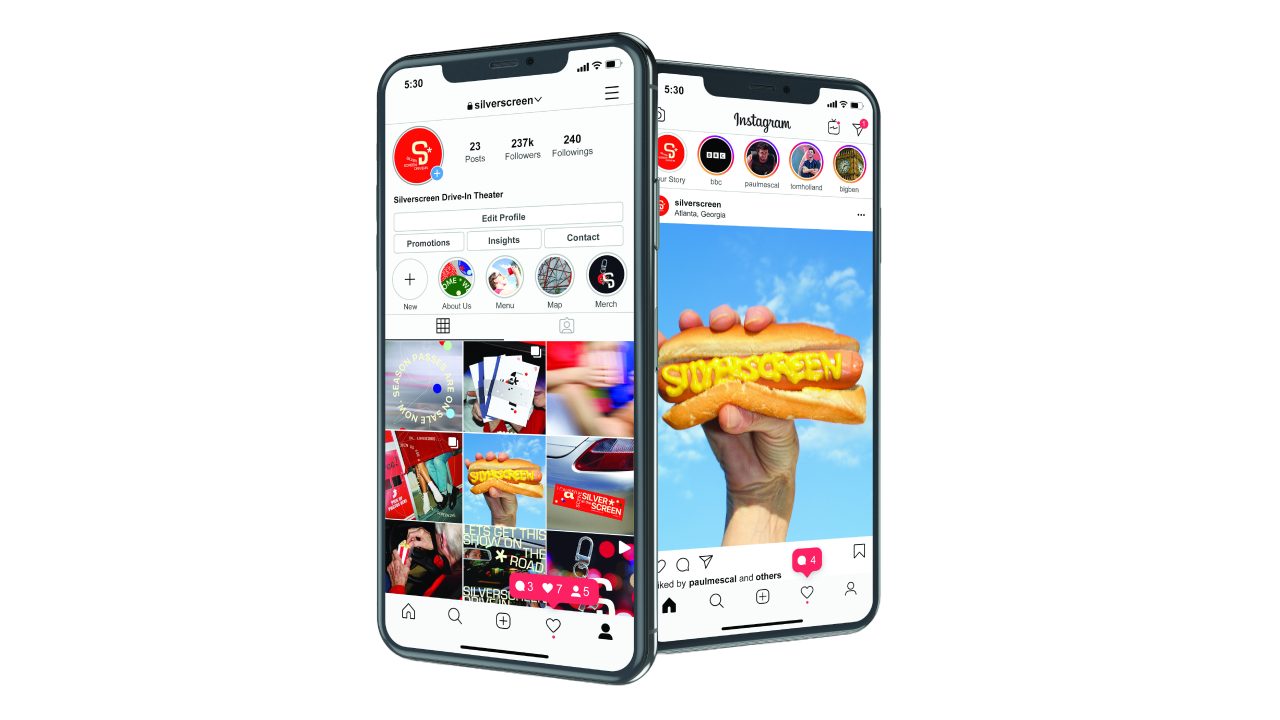 Two smartphones display Instagram profiles; one shows a grid view and the other features a hand holding a hot dog with SILVERSCREEN written on it.