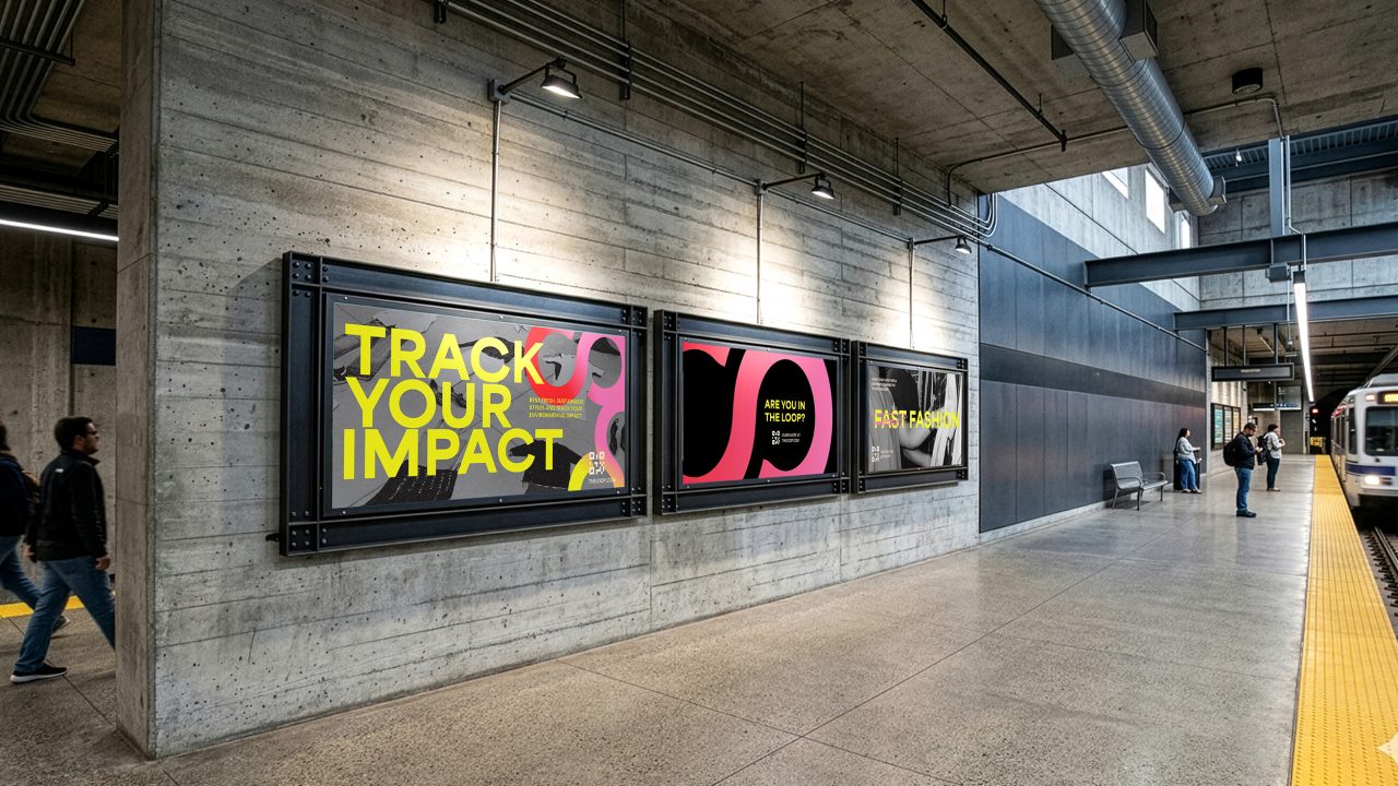 A concrete subway station platform with three large, colorful posters on the wall, people walking, and a train stopped at the platform.