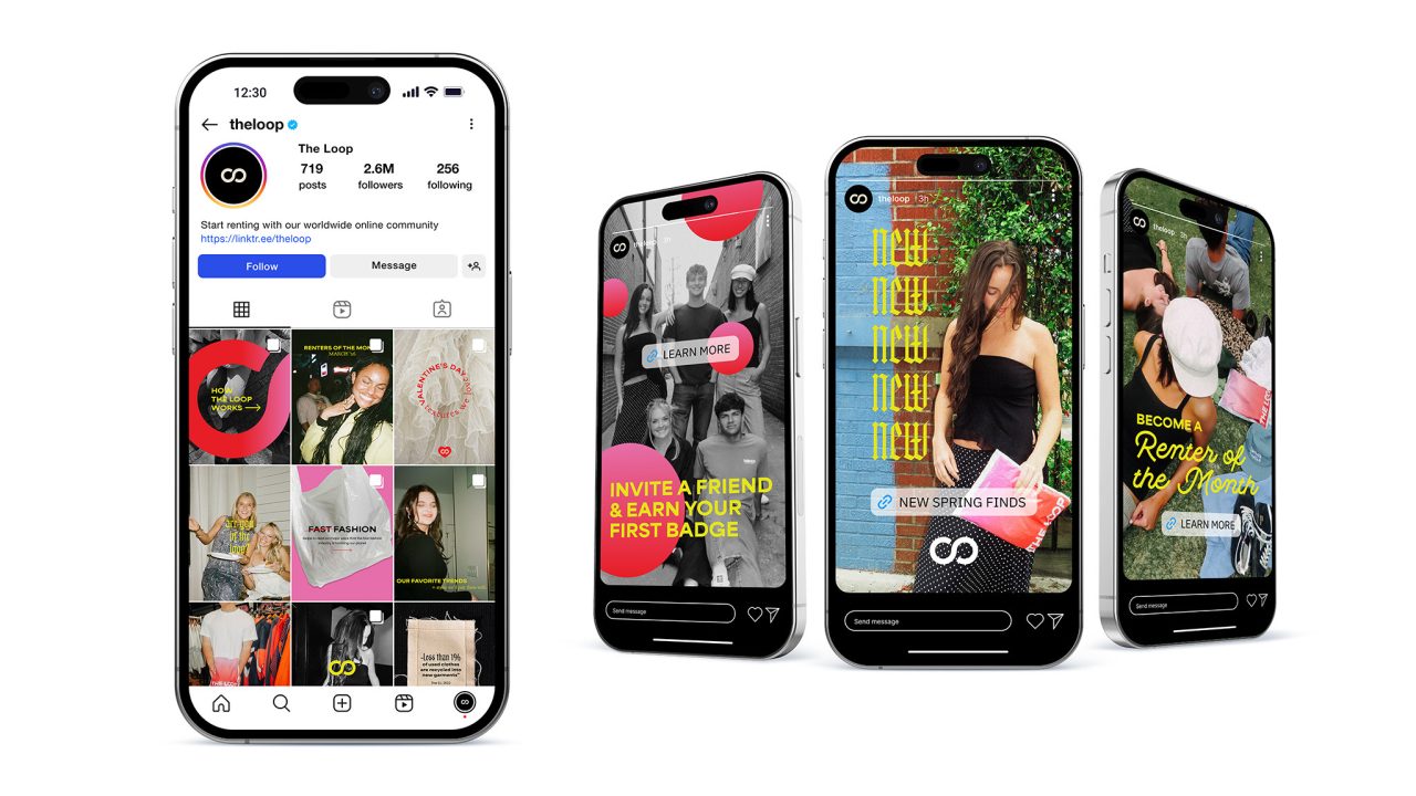 Four smartphones display social media content for The Loop, featuring its Instagram profile and promotional graphics with young people, text overlays, and interactive call-to-action buttons.