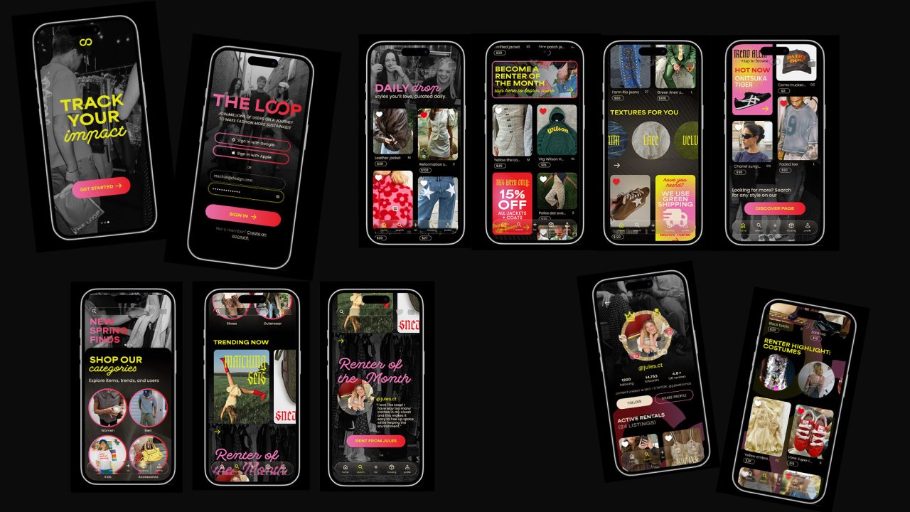 Ten smartphone screens display a fashion rental app interface featuring outfit tracking, shopping, subscription offers, trending items, and personalized clothing recommendations.