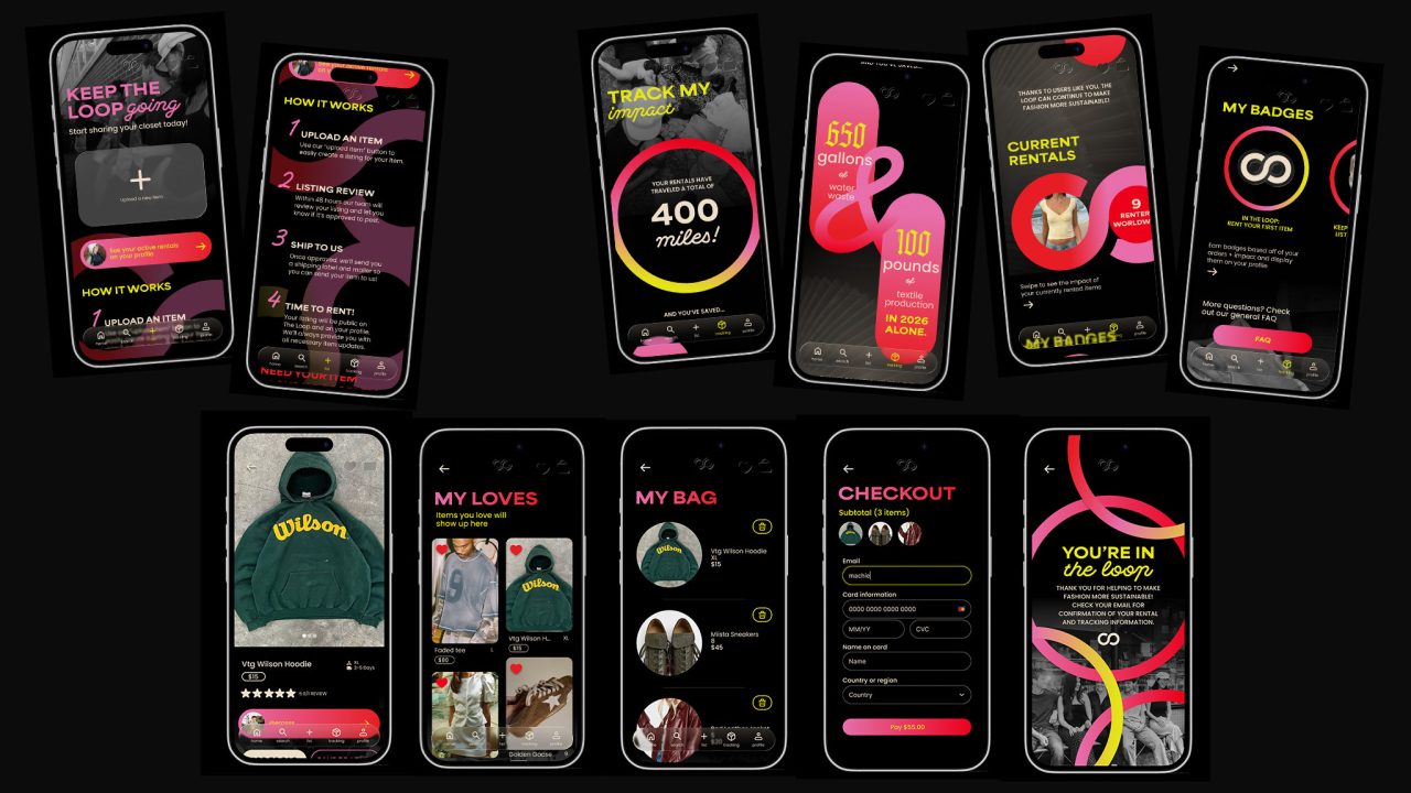 Seven smartphone screens display a clothing rental app, showing tutorials, tracking, achievements, product listings, shopping bag, checkout, and a confirmation screen.