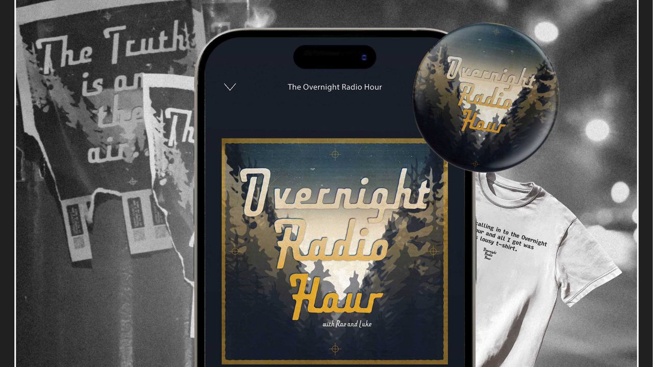 A phone displays the Overnight Radio Hour podcast cover, with related merchandise and a vintage-style background featuring posters and a t-shirt.