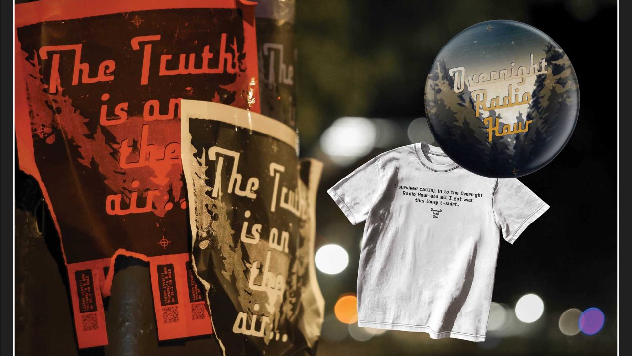 A torn poster, a pin, and a t-shirt all display the phrase The Truth is in the air in stylized yellow text, with a blurred night scene in the background.
