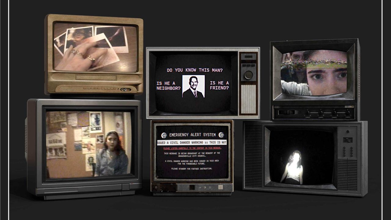 A collage of six old televisions displays various scenes, including close-ups of faces, a warning message, and the text DO YOU KNOW THIS MAN? IS HE A NEIGHBOR? IS HE A FRIEND?.