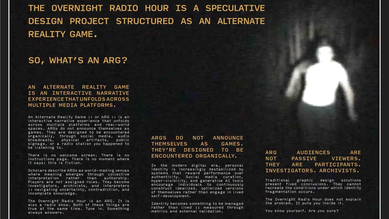 A dim, blurry figure stands in a doorway next to text explaining alternate reality games (ARGs) and describing the concept of The Overnight Radio Hour, an ARG-focused design project.