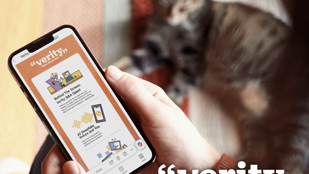 A person holding a smartphone with the verity app open; a blurred cat is lying on a rug in the background. Text overlay reads: verity. Seek the truth.