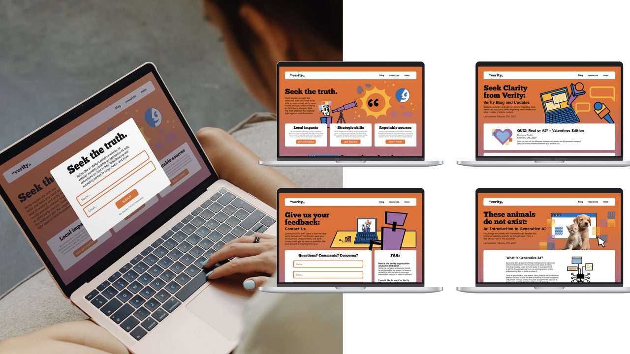 A person types on a laptop displaying a popup form. Four other laptops show different brightly colored website pages with cartoon graphics and text about seeking truth and providing feedback.