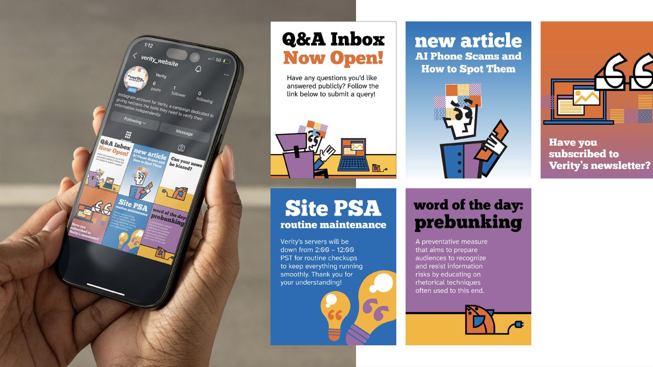 A person holds a smartphone displaying Verifys YouTube page; surrounding graphics announce Q&A, AI phone scam article, site maintenance, and the word prebunking.
