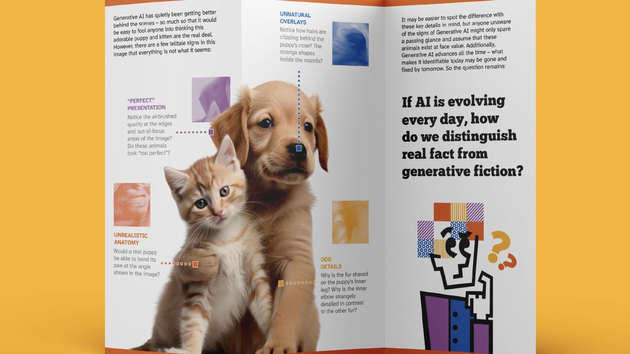 A brochure with images of a kitten and a puppy, annotated to highlight AI-generated features, next to text discussing the challenge of distinguishing AI fiction from real fact.