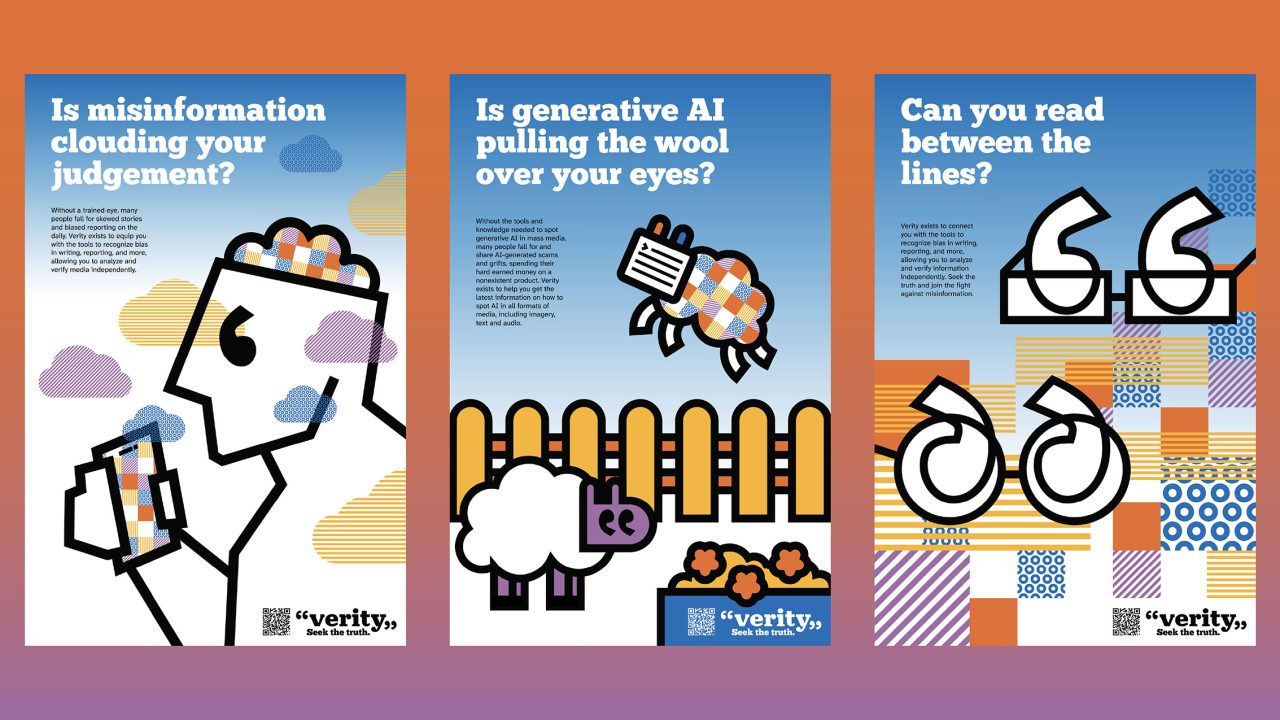 Three colorful posters question misinformation, generative AI, and critical reading, featuring stylized illustrations of a head, a sheep, and reading glasses with geometric patterns.
