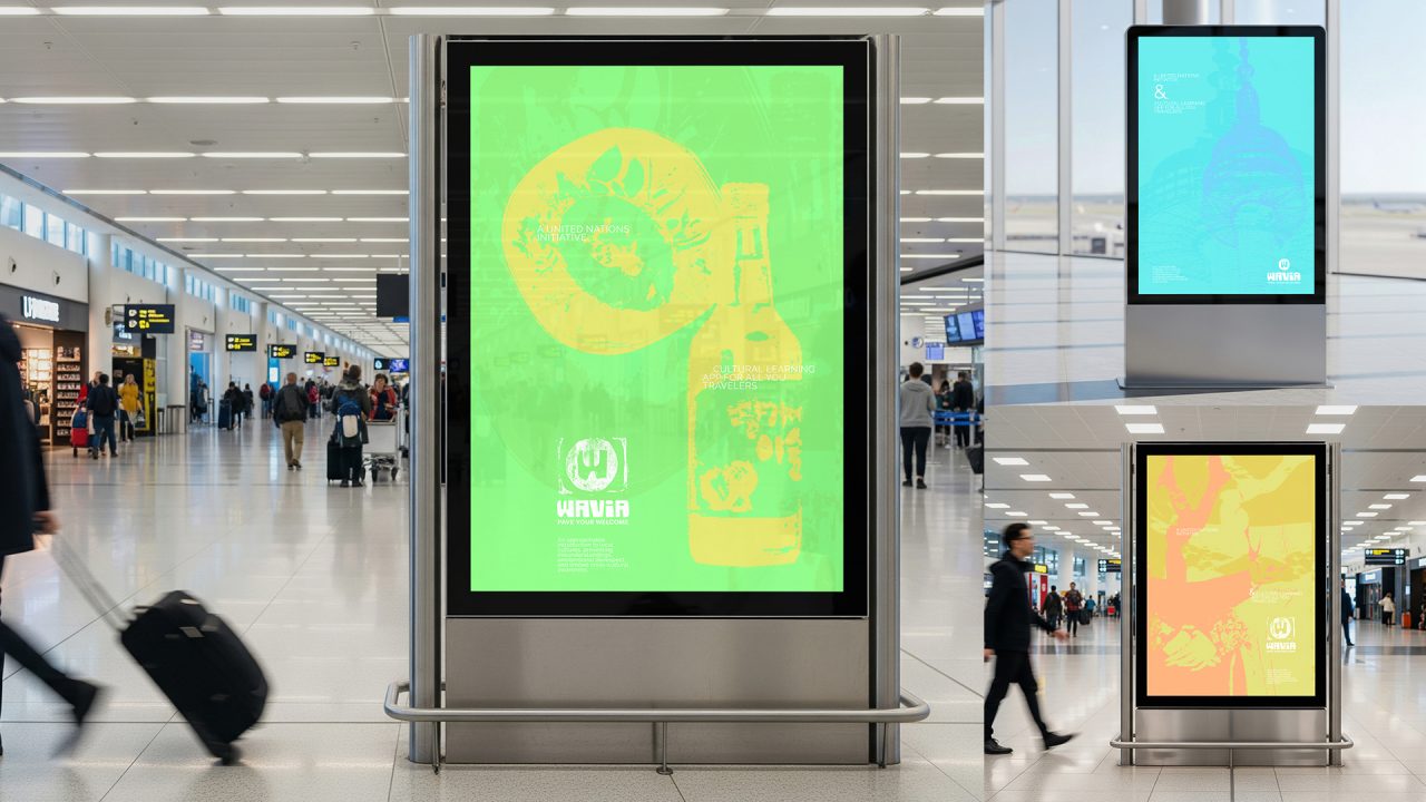 Large digital displays in an airport terminal show colorful advertisements featuring a bottle and abstract designs; travelers walk by with luggage.