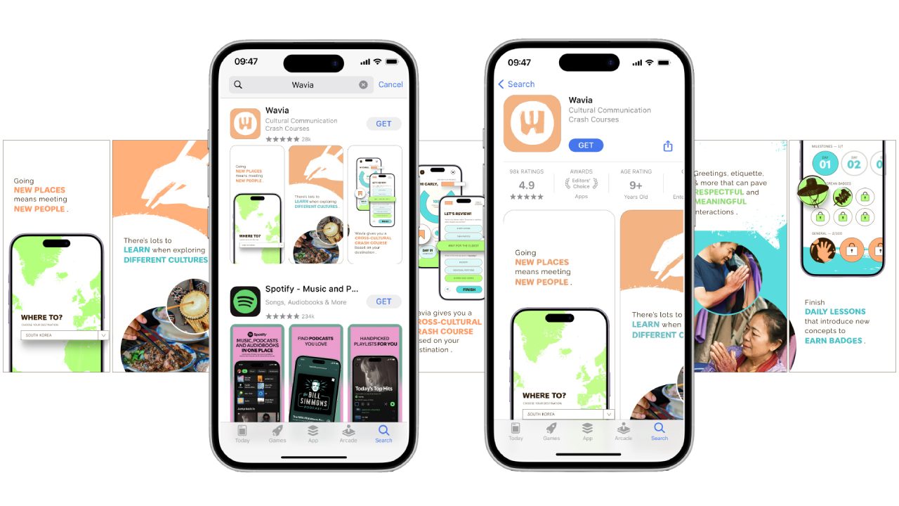 Two smartphones display the Wavia app page in the App Store, with promotional banners and app interface screenshots shown in the background.