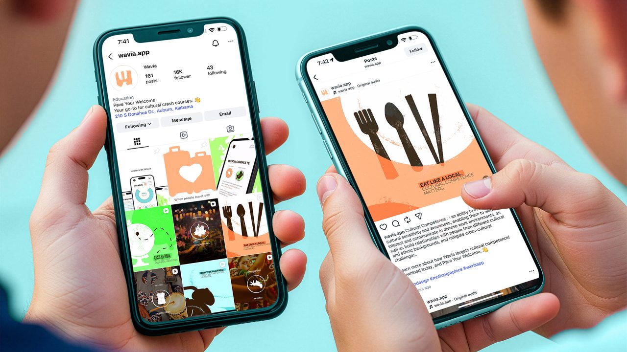 Two people holding smartphones display an Instagram profile and a post featuring orange graphics of utensils and food-related content.
