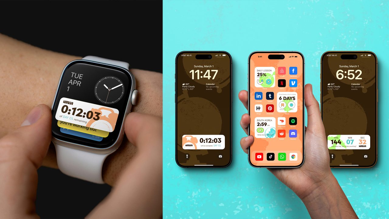 A person uses an Apple Watch displaying a countdown timer, while nearby two hands hold iPhones showing home screens with widgets and app icons on a blue background.