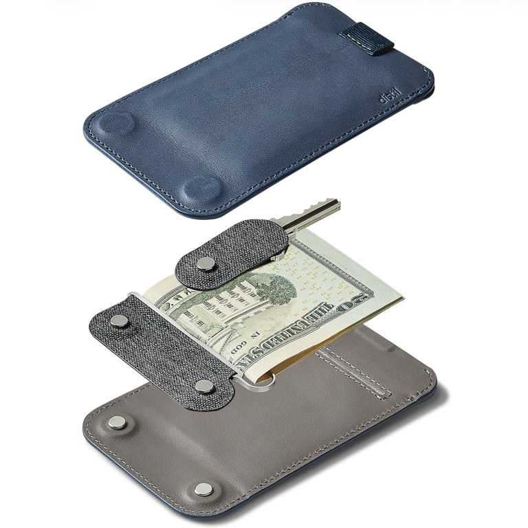 A blue and a gray slim wallet; the gray wallet is open, showing a key, a folded bill, and fabric tab inside.