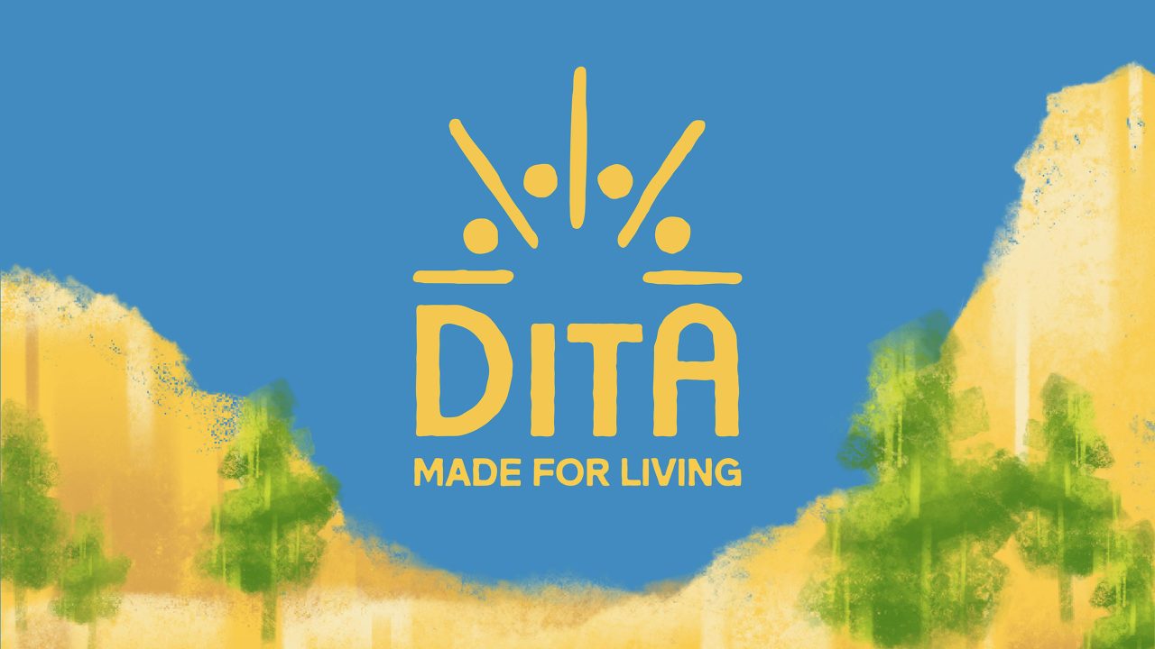 Yellow DITA MADE FOR LIVING logo with abstract figures above text, set against a blue sky and stylized yellow and green landscape.